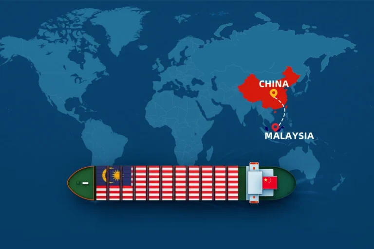 Shipping from China to Malaysia – freight route map with cargo ship and Malaysia location highlighted