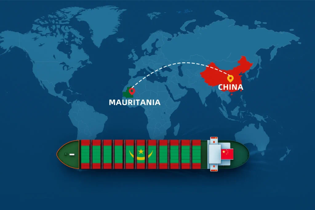 中国からモーリタニアへの海路と空路による輸送ルートを示す地図。2025年のDDP貨物物流、主要港、貿易接続を強調表示。