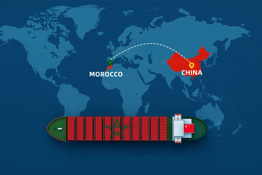 Map showing shipping routes from China to Morocco by sea and air, highlighting DDP freight logistics, major ports, and trade connections in 2025