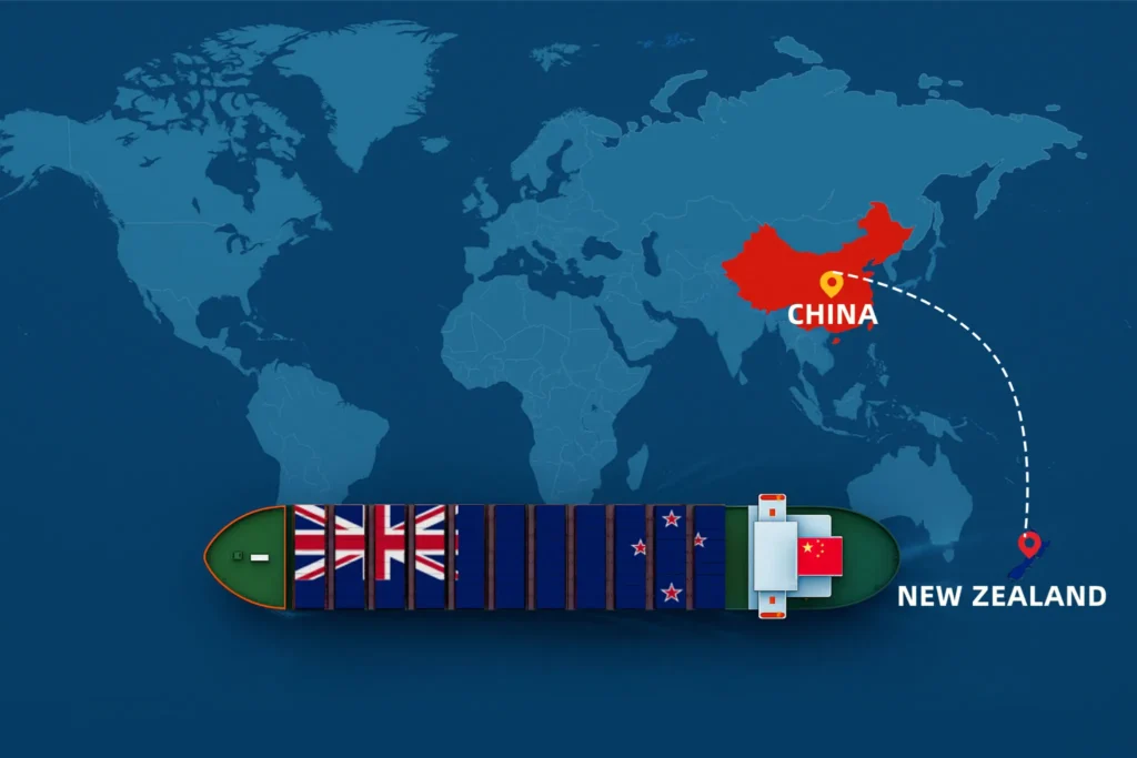 Χάρτης που δείχνει τις θαλάσσιες και αεροπορικές διαδρομές από την Κίνα στη Νέα Ζηλανδία, επισημαίνοντας την εφοδιαστική αλυσίδα εμπορευμάτων DDP, τα μεγάλα λιμάνια και τις εμπορικές συνδέσεις το 2025