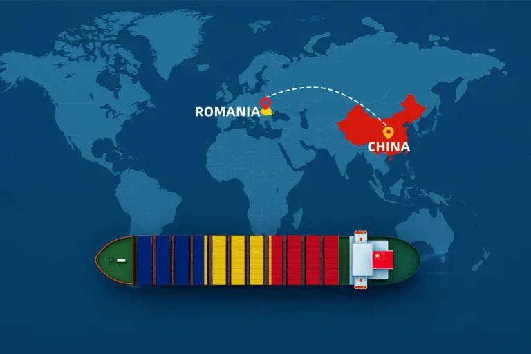 Map showing shipping routes from China to Romania by sea and air, highlighting DDP freight logistics, ports, and trade connections in 2025