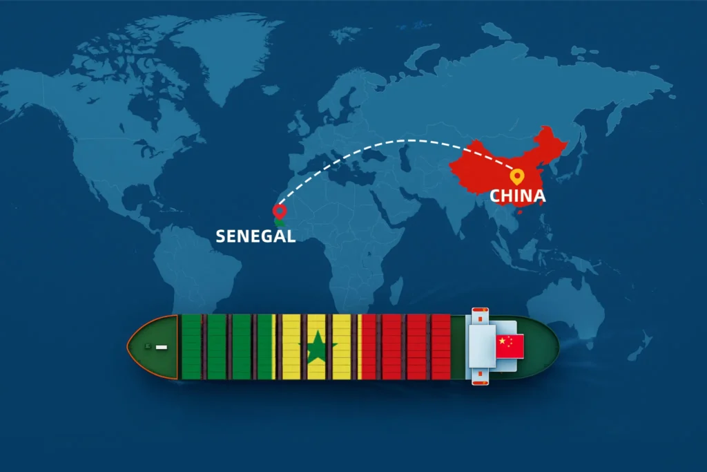 Χάρτης που δείχνει τις θαλάσσιες και αεροπορικές διαδρομές από την Κίνα στη Σενεγάλη, με έμφαση στην εφοδιαστική αλυσίδα εμπορευμάτων της DDP και στις διεθνείς εμπορικές συνδέσεις το 2025