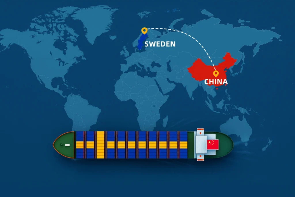 Shipping route from China to Sweden showing sea, air, and rail freight options on a world map