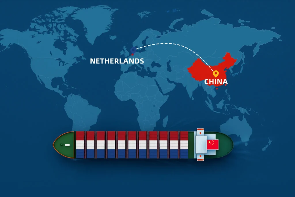 Χάρτης που δείχνει τις θαλάσσιες και αεροπορικές διαδρομές από την Κίνα προς την Ολλανδία, επισημαίνοντας την εφοδιαστική εμπορευμάτων της DDP, τα μεγάλα λιμάνια και τις εμπορικές συνδέσεις το 2025