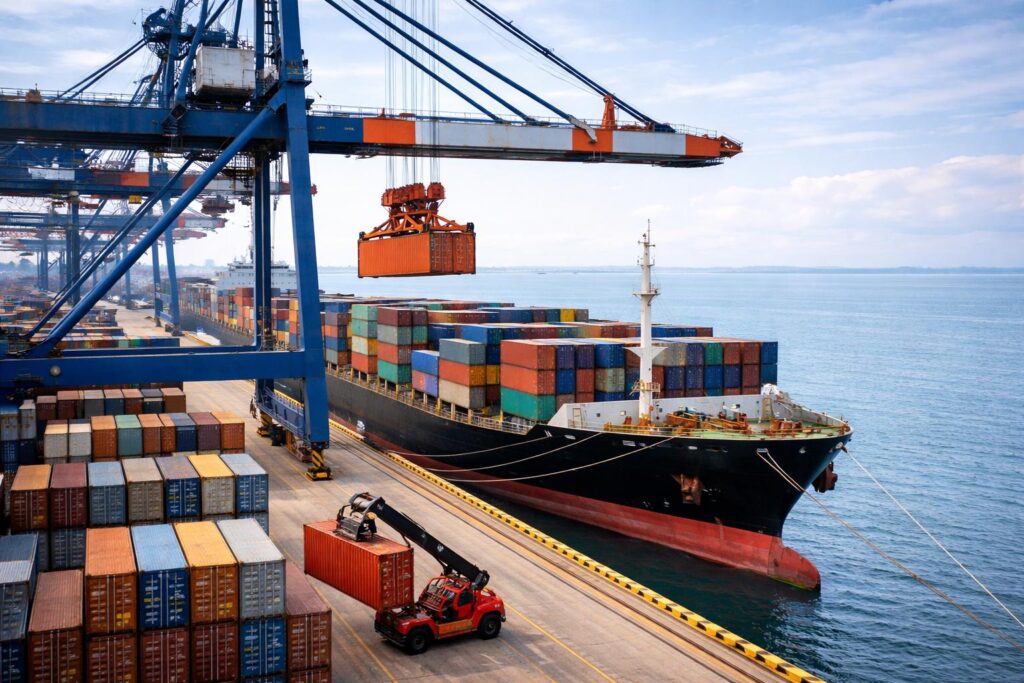 20ft and 40ft container shipping operations at seaport terminal