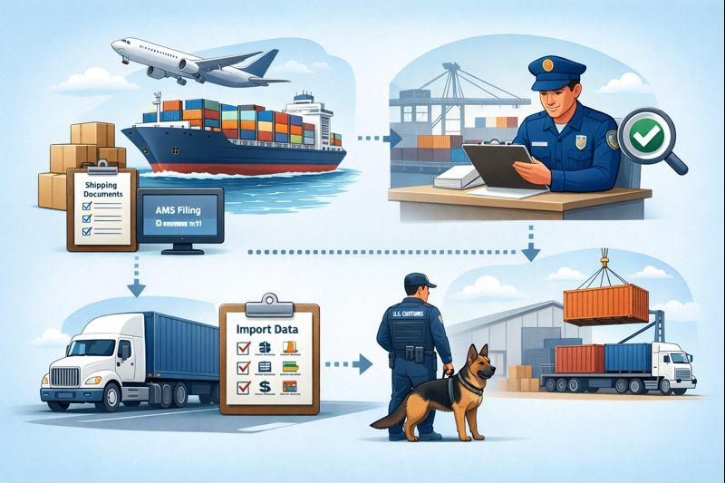 AMS filing process for USA imports showing cargo information submission and customs compliance