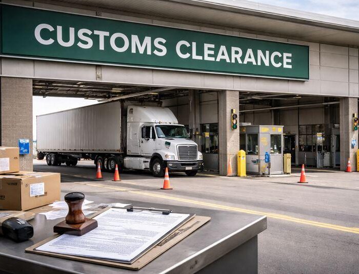 Customs clearance process in Canada for imported goods, showing inspection area at a Canadian customs facility