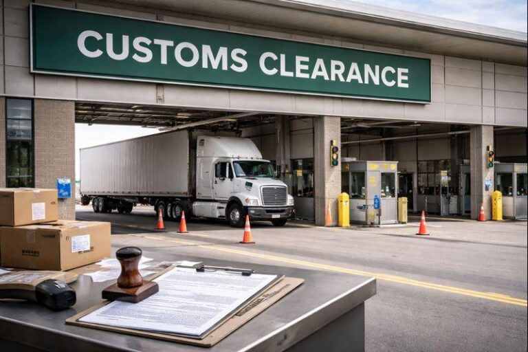 Customs clearance process in Canada for imported goods, showing inspection area at a Canadian customs facility