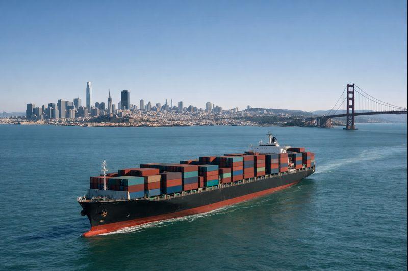 Shipping container rates from China to USA showing a cargo ship carrying containers toward a U.S. port