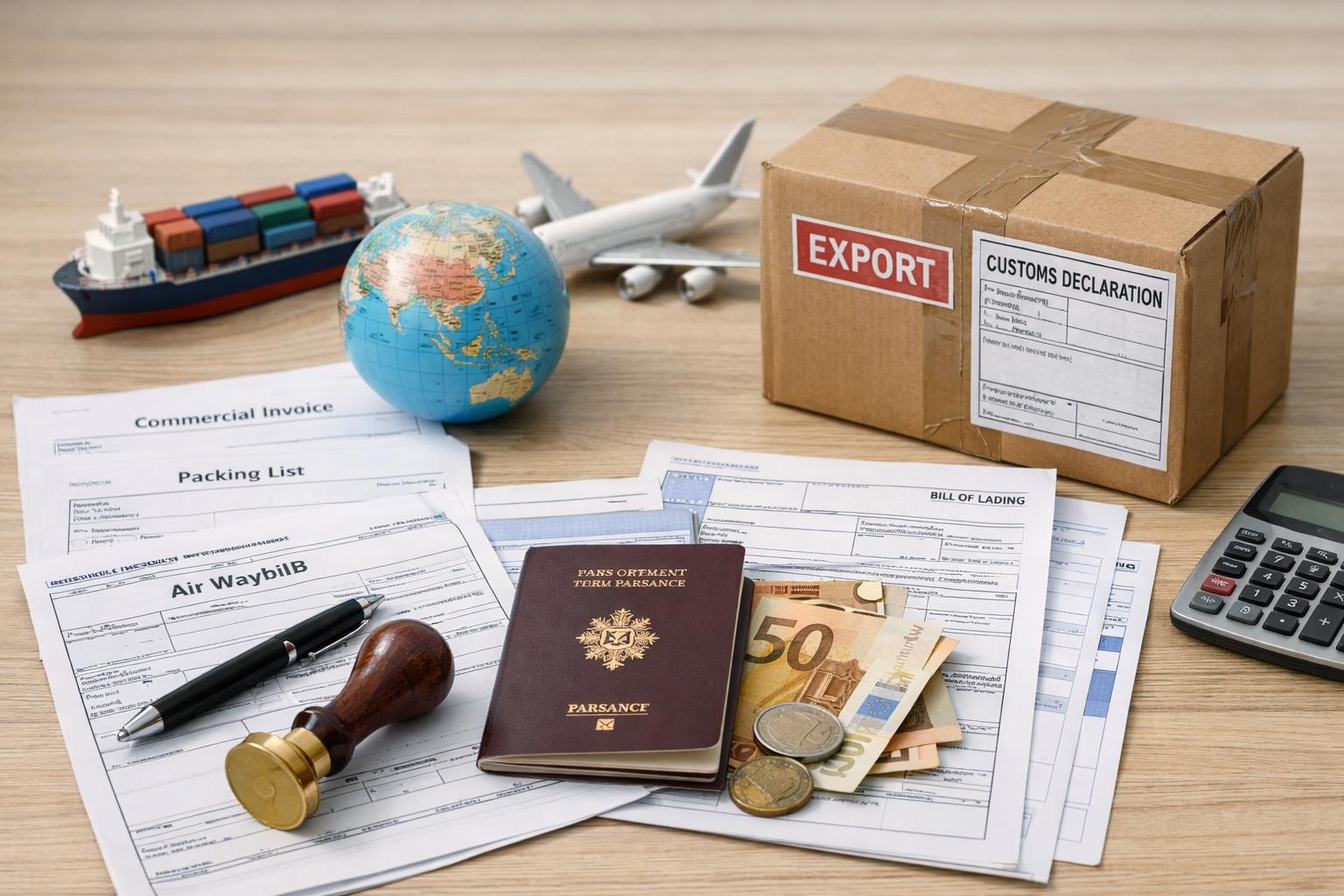 Shipping documents required for exporting goods from China to France, including invoice, packing list, and customs paperwork
