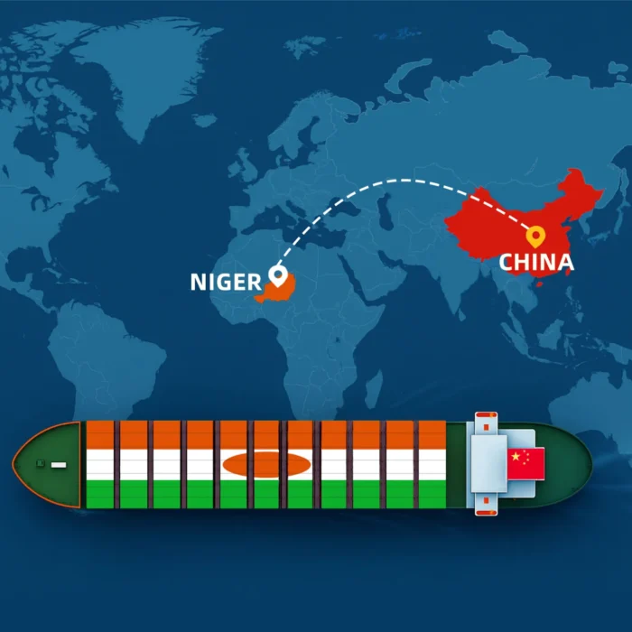 Shipping from China to Niger showing ocean freight route to West Africa and inland transport to a landlocked destination