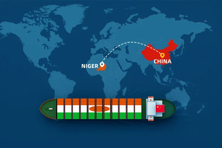 Shipping from China to Niger showing ocean freight route to West Africa and inland transport to a landlocked destination