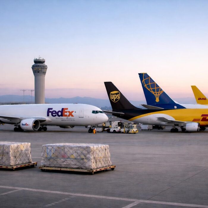 Three cargo airplanes from FedEx, UPS, and DHL parked at an airport tarmac with large cargo pallets in the foreground, under a vibrant twilight sky. The planes are shown in clear detail, and the air traffic control tower is visible in the background.