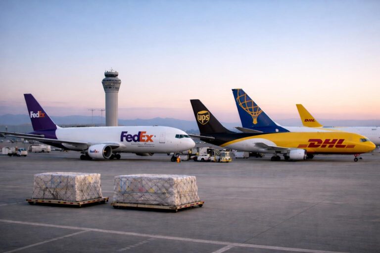 Three cargo airplanes from FedEx, UPS, and DHL parked at an airport tarmac with large cargo pallets in the foreground, under a vibrant twilight sky. The planes are shown in clear detail, and the air traffic control tower is visible in the background.