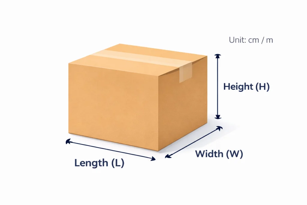 Shipping carton size diagram showing how to measure length, width, and height for CBM calculation in cm or m.