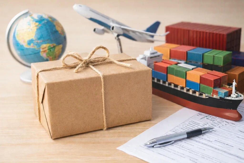 Cardboard box, cargo ship, airplane, and globe representing the cheapest way to ship from China
