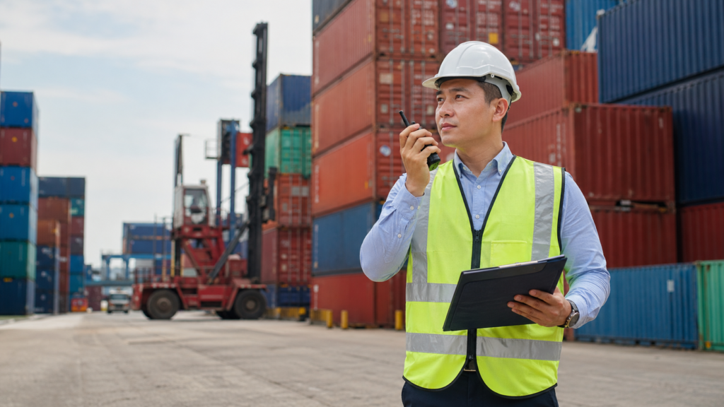Chinese Freight Forwarder Coordinating Cargo at a Container Yard