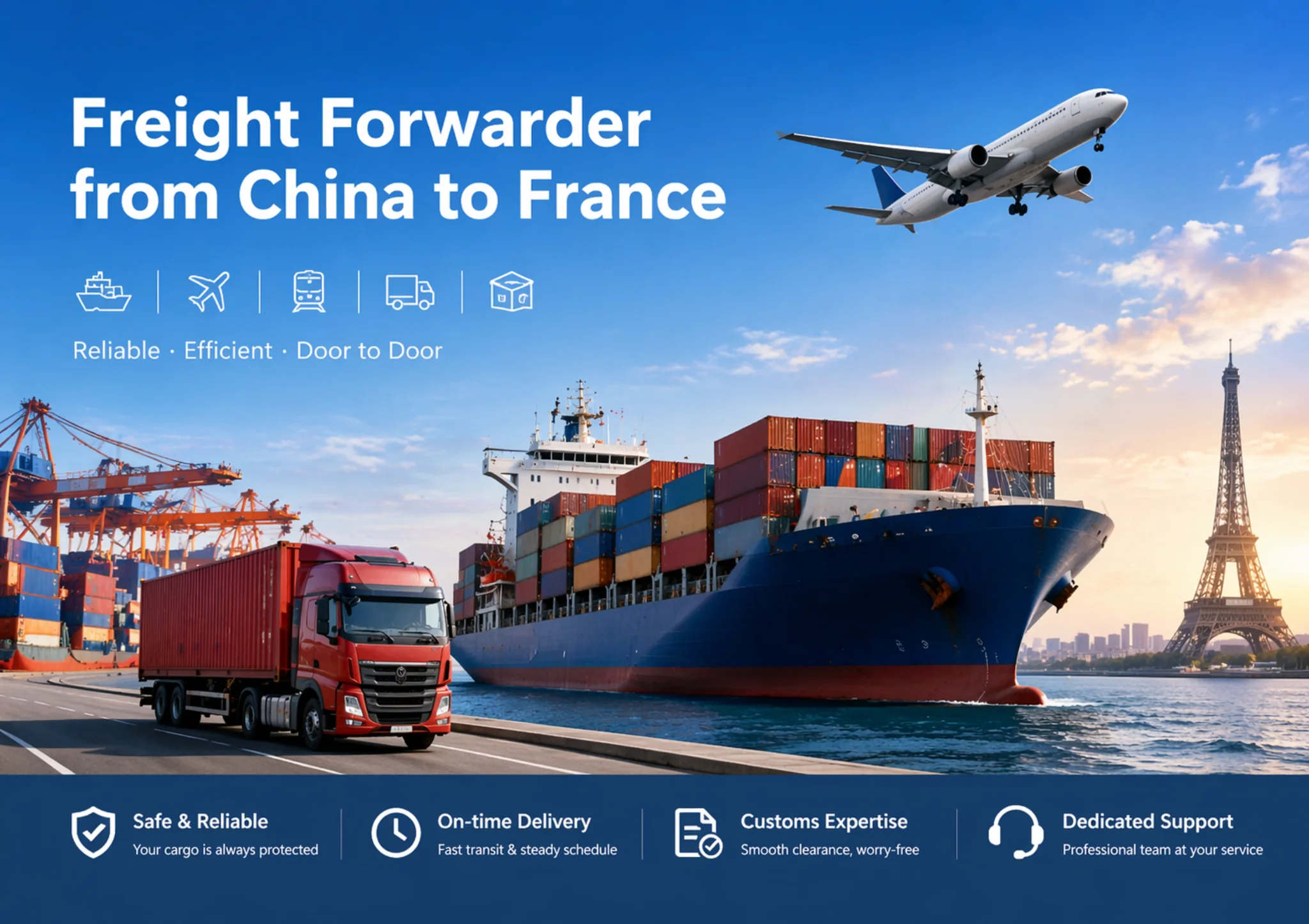 Freight forwarding from China to France with cargo ship, truck, and airplane for sea, air, rail, and door-to-door delivery