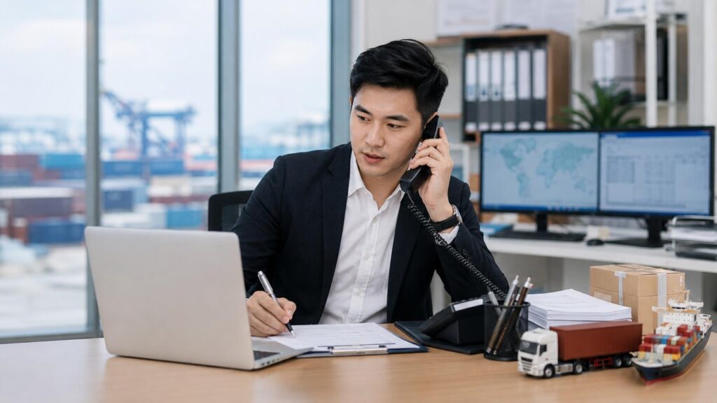 Chinese freight forwarder arranging air freight from China to Poland in a logistics office