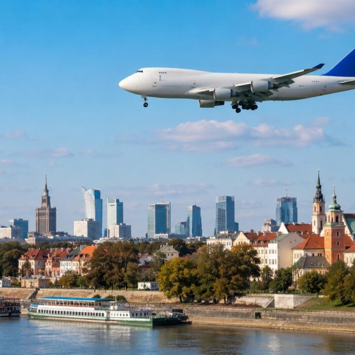 Air freight from China to Poland with cargo plane flying over Polish city skyline