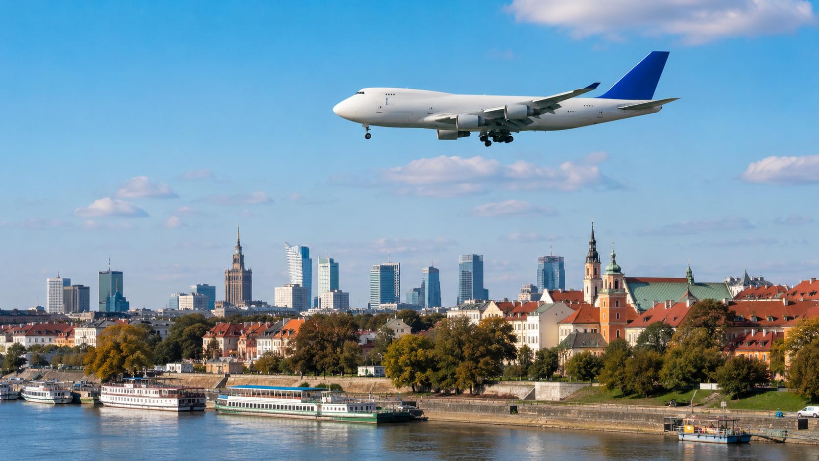 Air freight from China to Poland with cargo plane flying over Polish city skyline