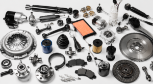 Auto parts from China including brakes, filters, mirrors, sensors, and engine components arranged for international shipping