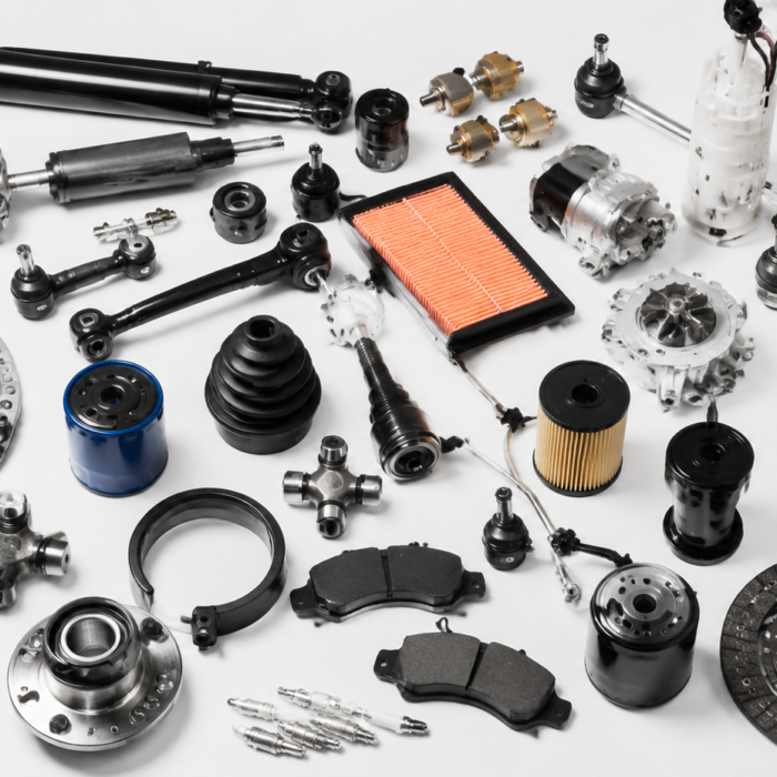 Auto parts from China including brakes, filters, mirrors, sensors, and engine components arranged for international shipping