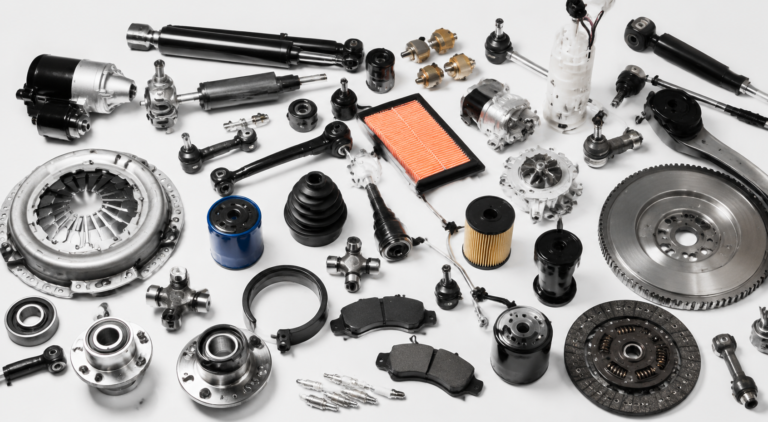 Auto parts from China including brakes, filters, mirrors, sensors, and engine components arranged for international shipping