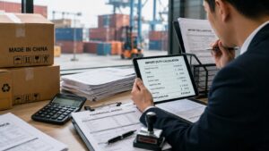 Freight forwarder reviewing China to USA import duties, customs duty, tariffs, and import tax documents