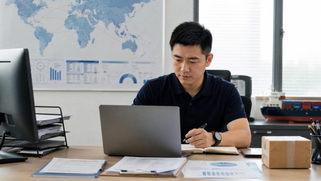 China to USA import duties guide with freight forwarder reviewing customs documents and shipping costs