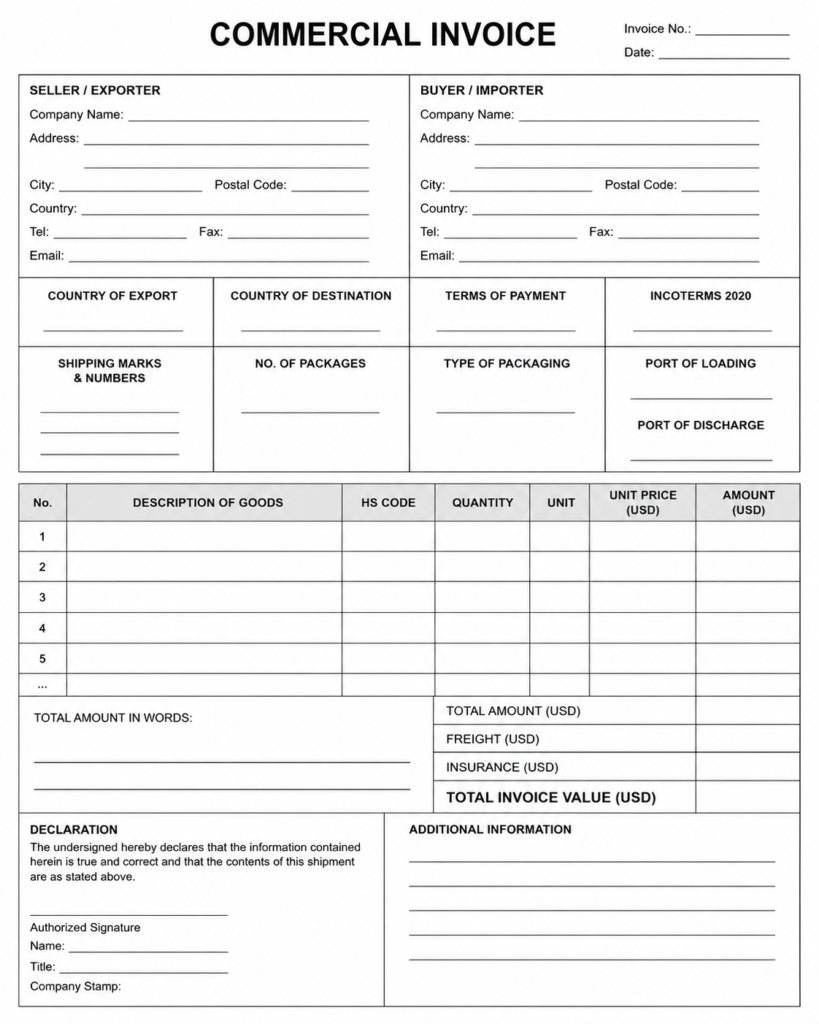 Blank Commercial Invoice template for China to USA shipments with seller, buyer, shipping details, goods description, HS code, and invoice value fields.
