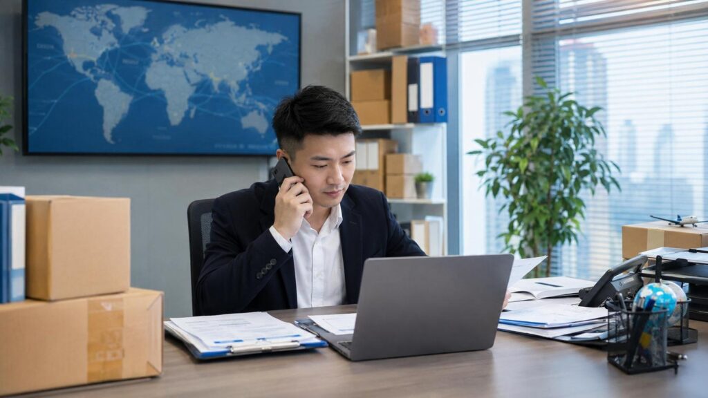 China-based freight forwarder reviewing customs bond documents for first-time importers from China to the United States