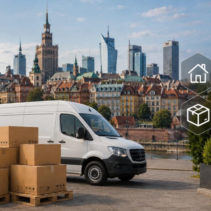 DDP shipping from China to Poland with boxes loaded on a van in a city background, illustrating door-to-door delivery.