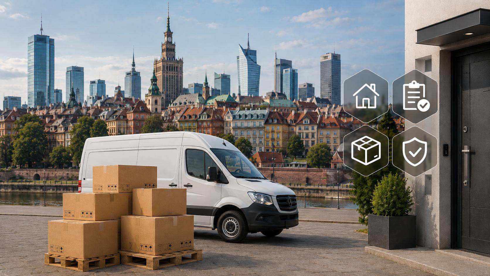 DDP shipping from China to Poland with boxes loaded on a van in a city background, illustrating door-to-door delivery.