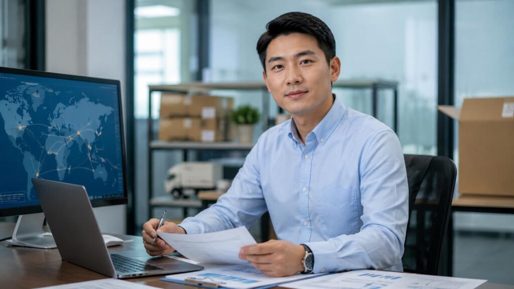 Chinese logistics professional managing DDP shipping from China to Poland in an office, showing freight forwarding services.