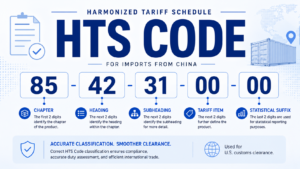 HTS Code for imports from China infographic showing a 10-digit U.S. customs classification code breakdown for import clearance.