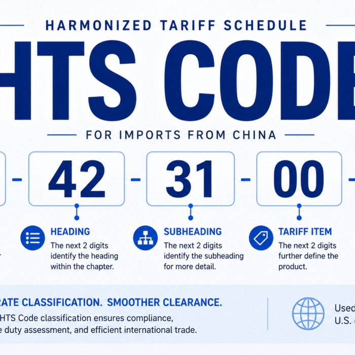 HTS Code for imports from China infographic showing a 10-digit U.S. customs classification code breakdown for import clearance.