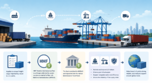 Harbor Maintenance Fee HMF guide for ocean freight imports to the USA with port, container, and customs fee visuals