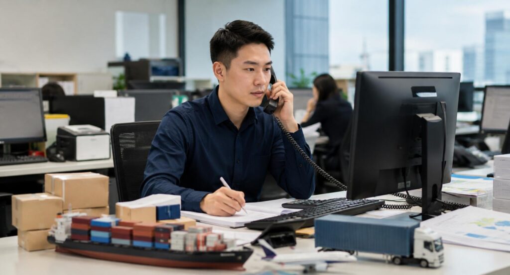 Chinese freight forwarder calculating landed cost for importing goods from China to the USA in a modern logistics office