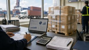 Merchandise Processing Fee MPF for U.S. imports from China with customs documents and warehouse cargo