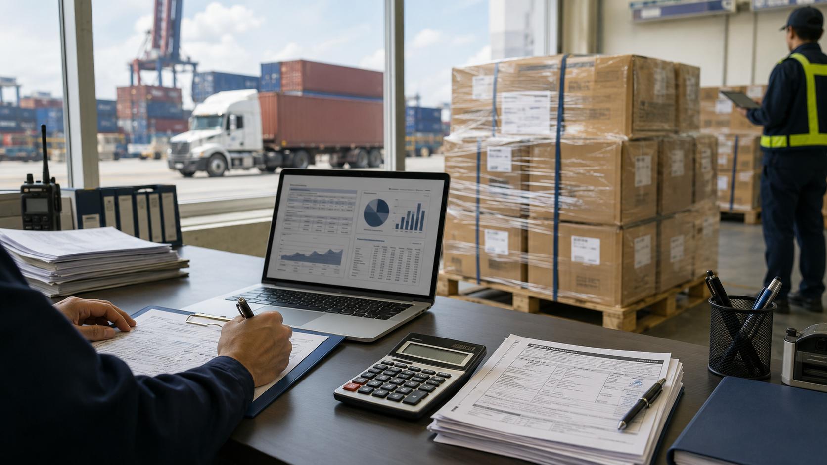 Merchandise Processing Fee MPF for U.S. imports from China with customs documents and warehouse cargo