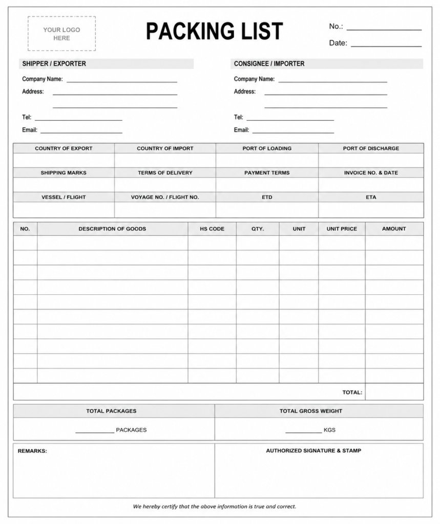 Packing list template document for international shipping from China