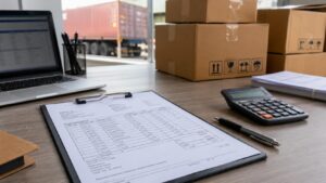 Packing list template for international shipping from China with shipping documents and cargo boxes