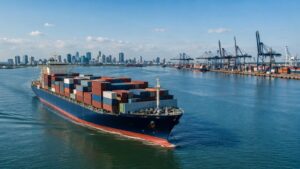 Sea freight container vessel sailing from China to the Netherlands