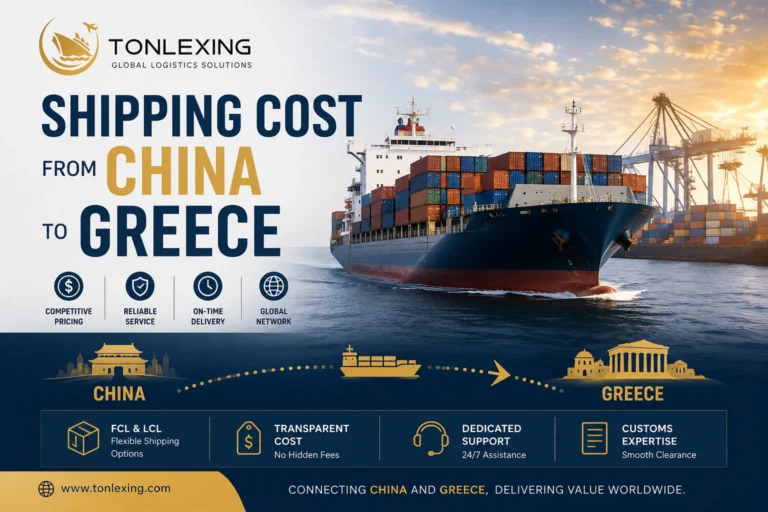 Shipping cost from China to Greece with Tonlexing logistics, covering sea freight, air freight, FCL, LCL, customs support, and door-to-door shipping services.