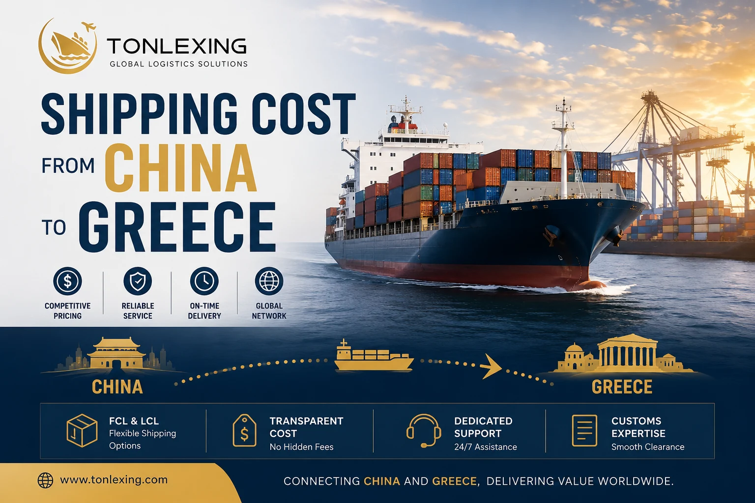 Shipping cost from China to Greece with Tonlexing logistics, covering sea freight, air freight, FCL, LCL, customs support, and door-to-door shipping services.