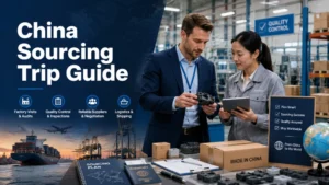 Business buyer and Chinese supplier reviewing product samples in a factory for a China sourcing trip, quality control, and shipping planning.