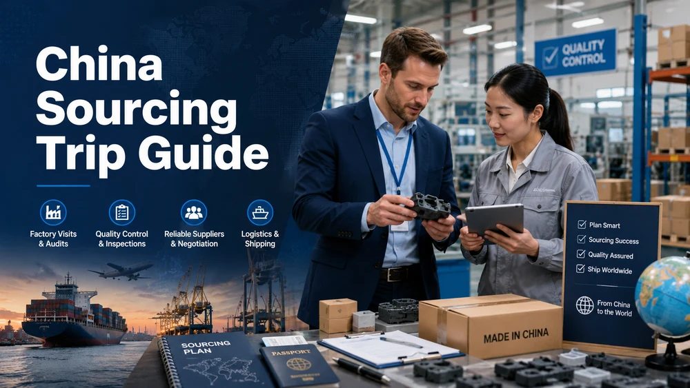 Business buyer and Chinese supplier reviewing product samples in a factory for a China sourcing trip, quality control, and shipping planning.