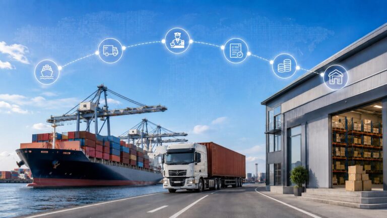 DDP shipping from China to Europe with container vessel, truck delivery, customs clearance and door-to-door freight service