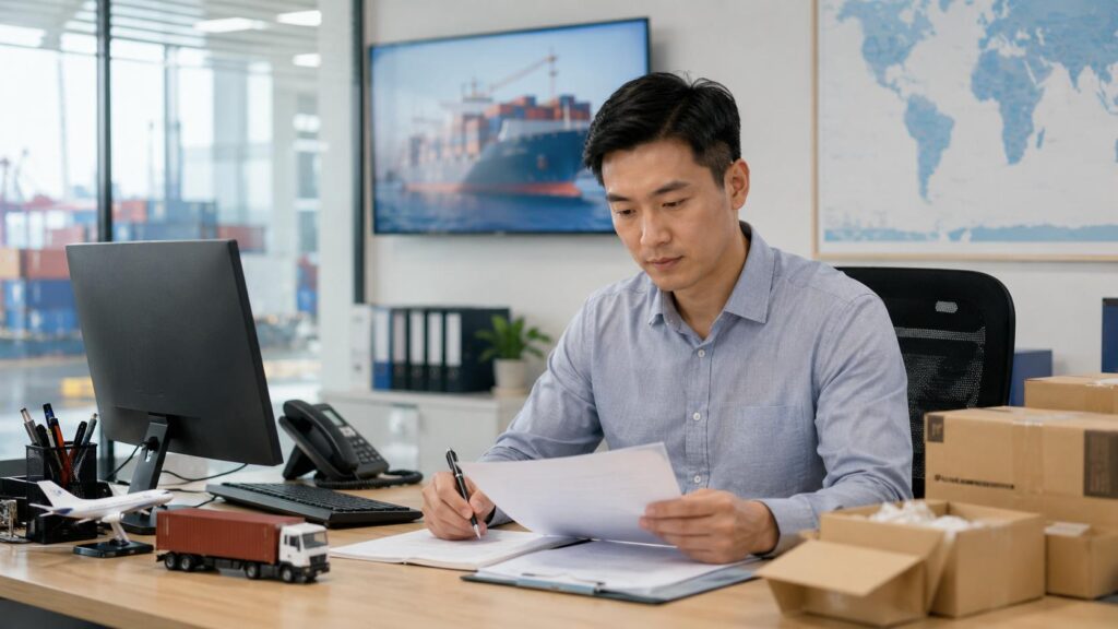 Chinese freight forwarder arranging DDP shipping from China to Europe with documents, cartons and logistics planning